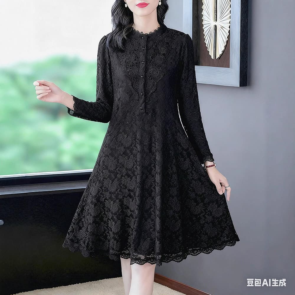 Autumn New A-Line Lace Loose Fit Plus Size Slimming Straight Fashion Dress for Middle-Aged Women