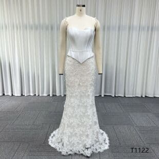 French Ethereal One-Shoulder Organza Wedding Dress, Cross Pleated Bodice with Ruffled Train for Outdoor Light Wedding