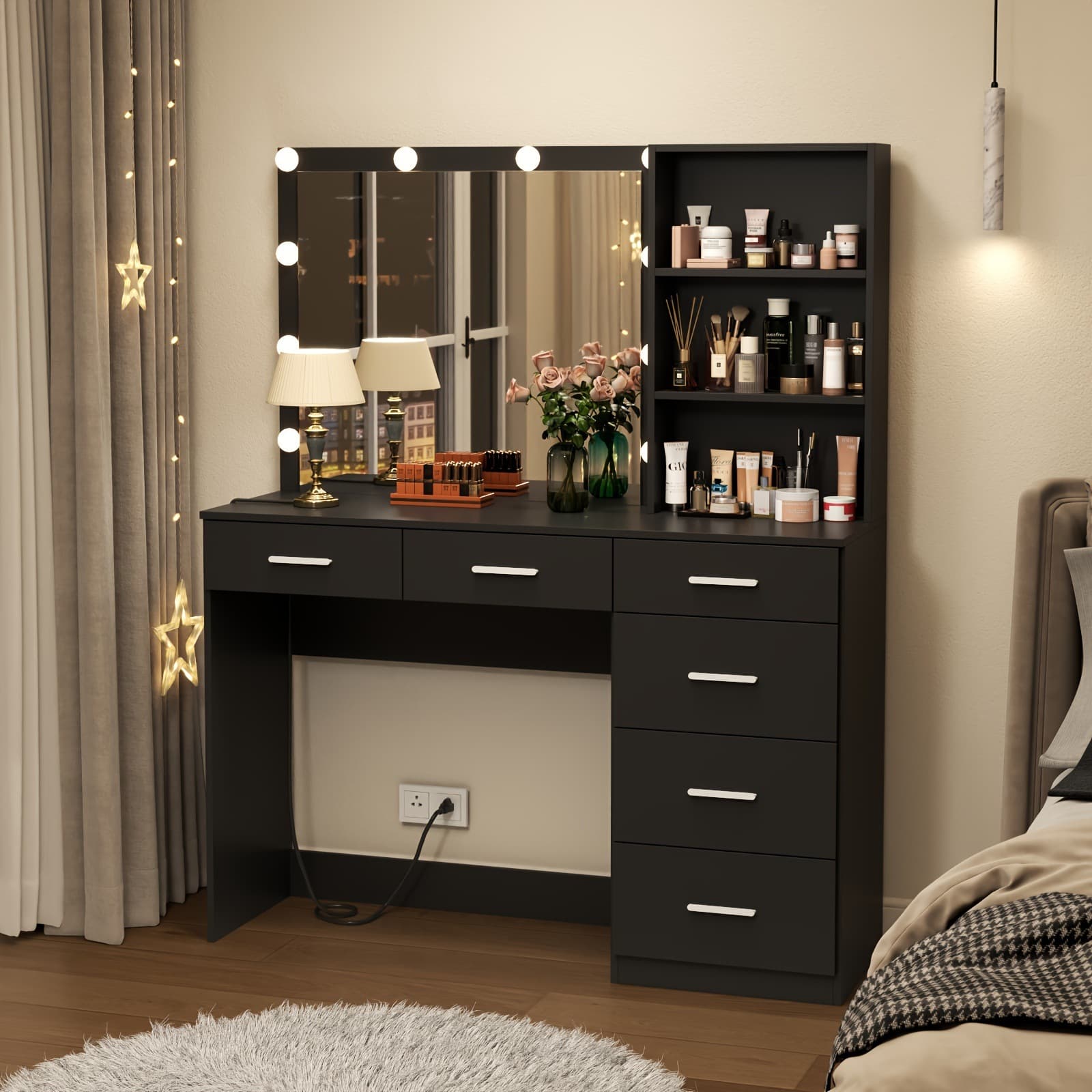 2025 New Cross-border Drop Shipping Dressing Table with Storage Shelf, 6-Drawer Vanity.