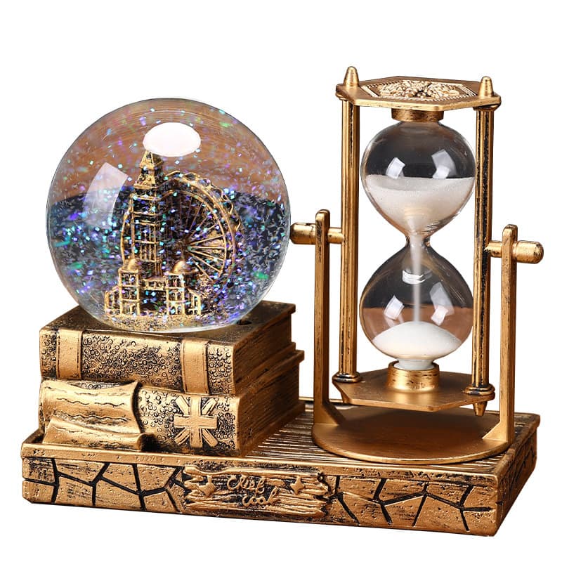 Vintage Eiffel Tower Hourglass Timer Crystal Ball Music Box Light-Up Desktop Ornament Student Graduation Christmas Gift