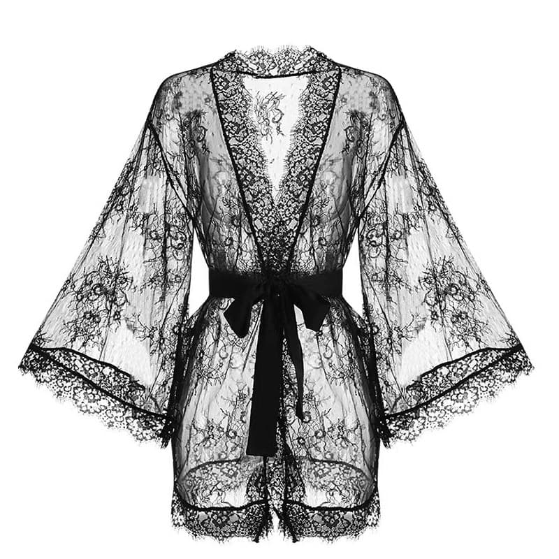 2814 cross-border European and American sexy see-through lace nightgown dressing gown women's in-store clothes black and white universal matching jacket