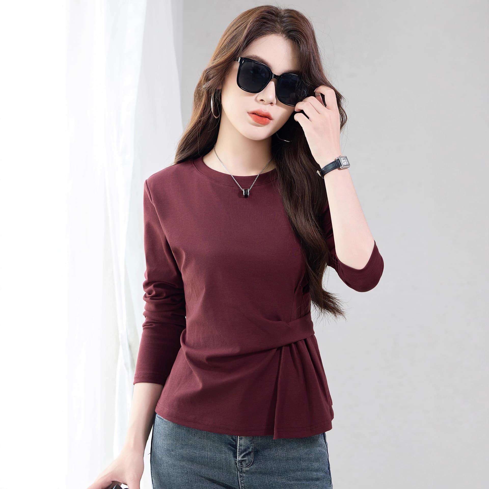 52069 Long Sleeve T-Shirt for Women 2025 Spring/Autumn New Arrival Solid Color Slim Fit Versatile Flattering Base Layer Top
