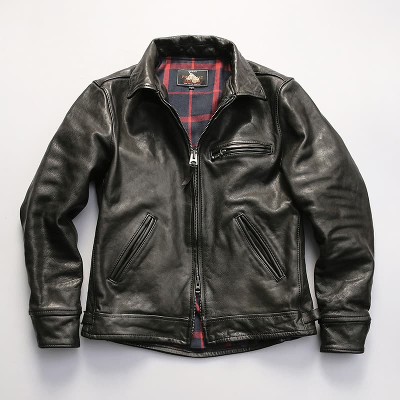 Japanese JS02 Cowhide Jacket Men Notch Lapel Washed Wrinkled Waxed Vegetable-Tanned Genuine Leather Coat