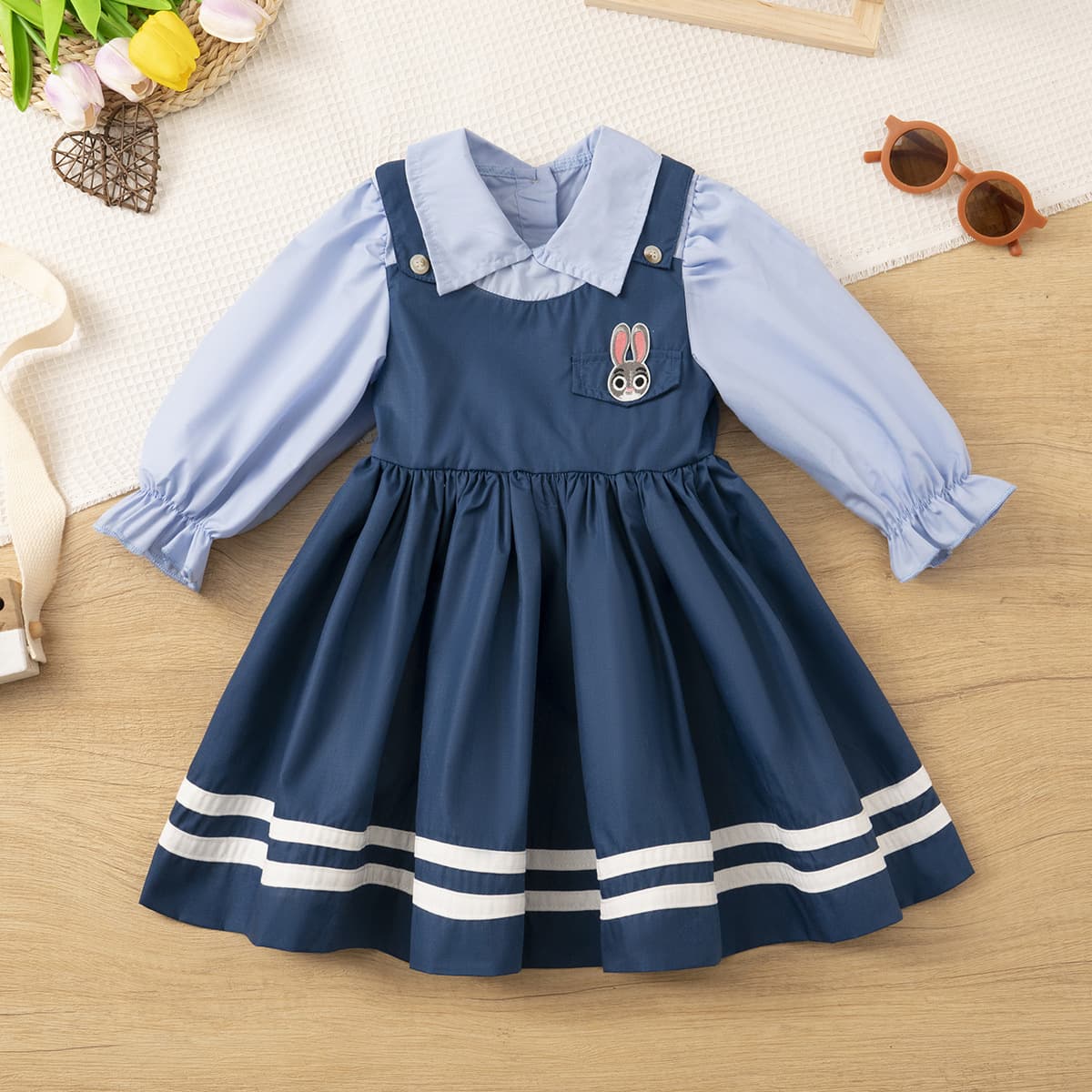 College Style Girls Fake Two-Piece Dress Spring Autumn Kids Turn-Down Collar Long Sleeve Princess Dress Children Clothing Wholesale