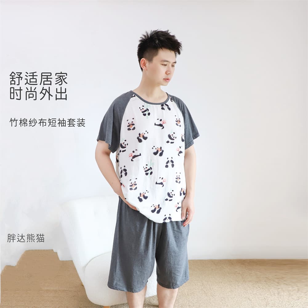 Spring and Summer Men's Short Sleeve Shorts Thin Sleepwear Bamboo Cotton Gauze Dad Home Suit Pajamas