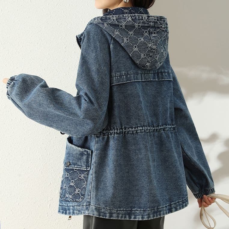 Waist-cinching Denim Short Jacket for Women, Spring/Autumn Fashion Korean Loose Fit Plus Size Hooded Denim Jacket Casual Coat