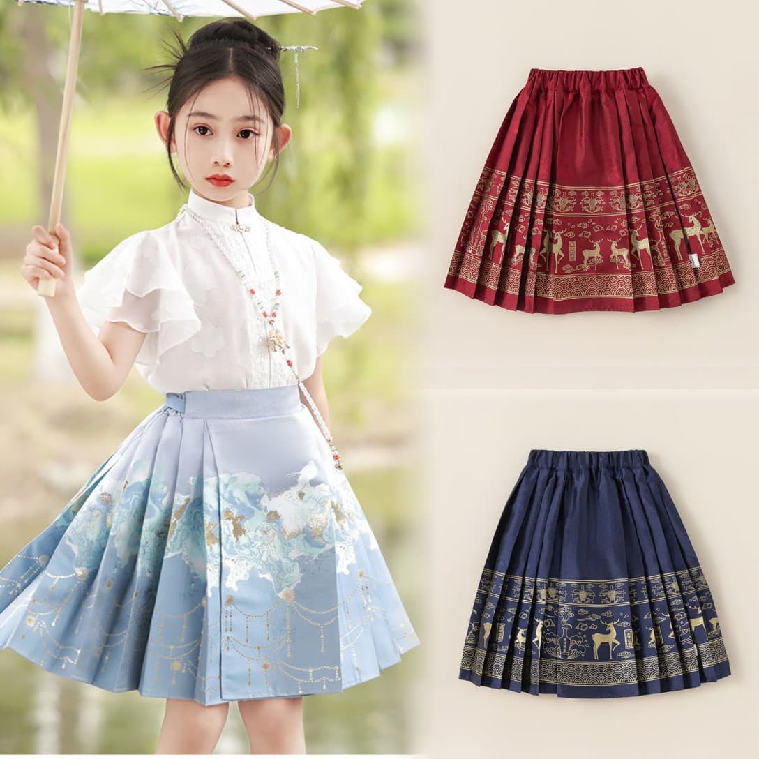 Girls' horse-face skirt, children's elastic waist half skirt, all seasons Chinese style Hanfu, little girl Tang suit retro style