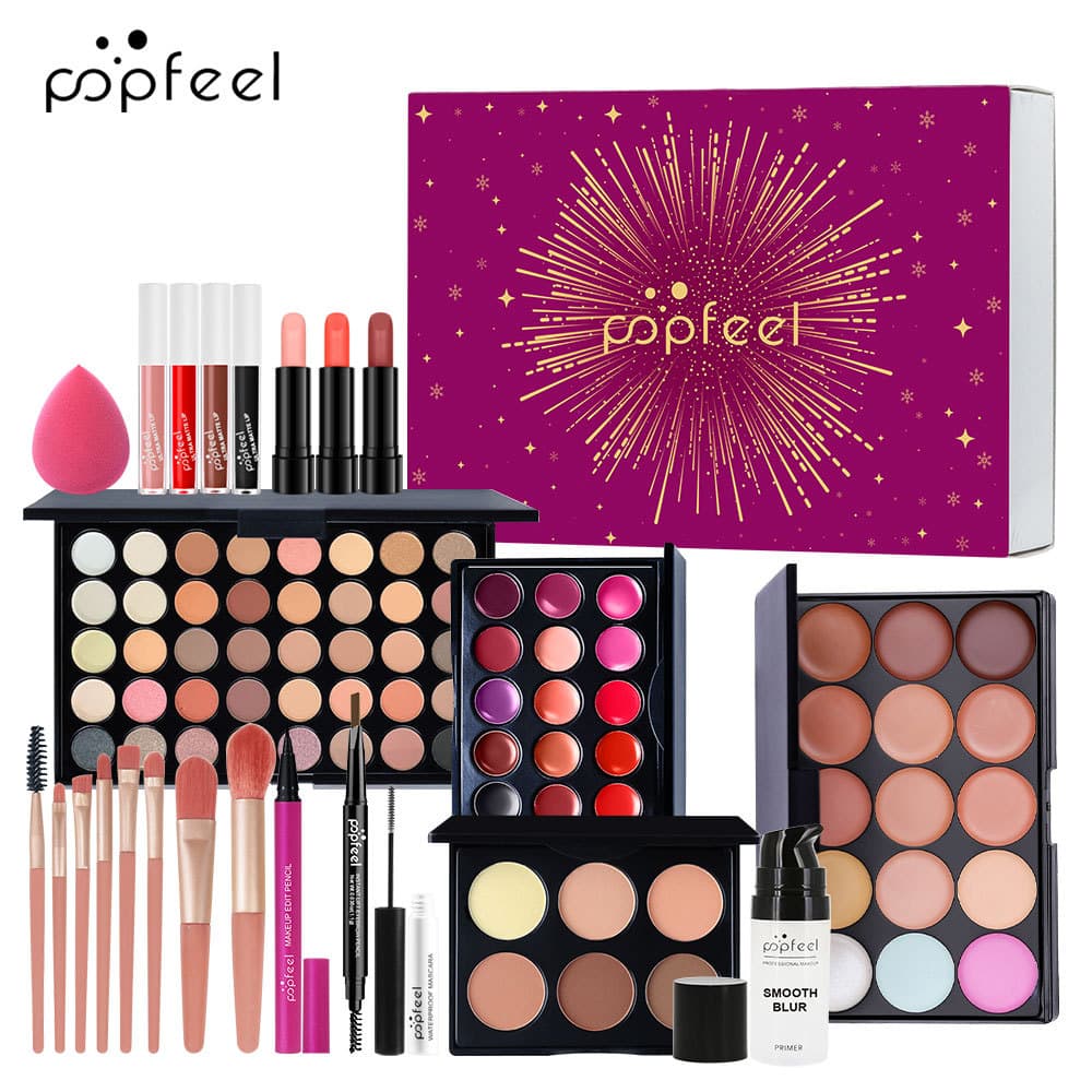 POPFEEL Holiday Surprise Makeup Set Eyeshadow Lip Gloss Makeup Brushes Full Makeup Tool Gift Box for Women