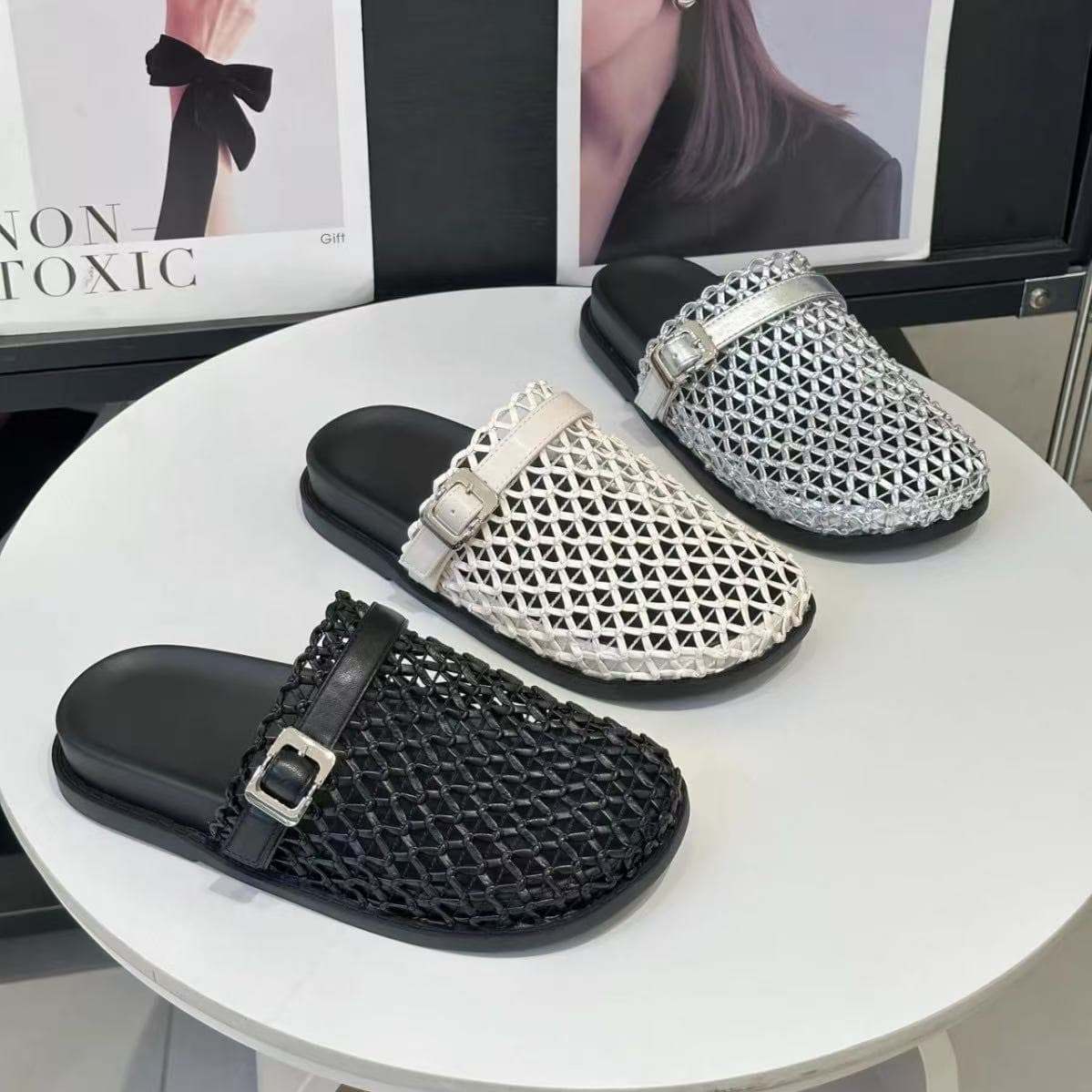 Mesh Hollow PU Woven Closed Toe Shoes for Women 2026 New Arrival Evening Breeze Soft Low Heel Open Back Vacation Beach Slippers
