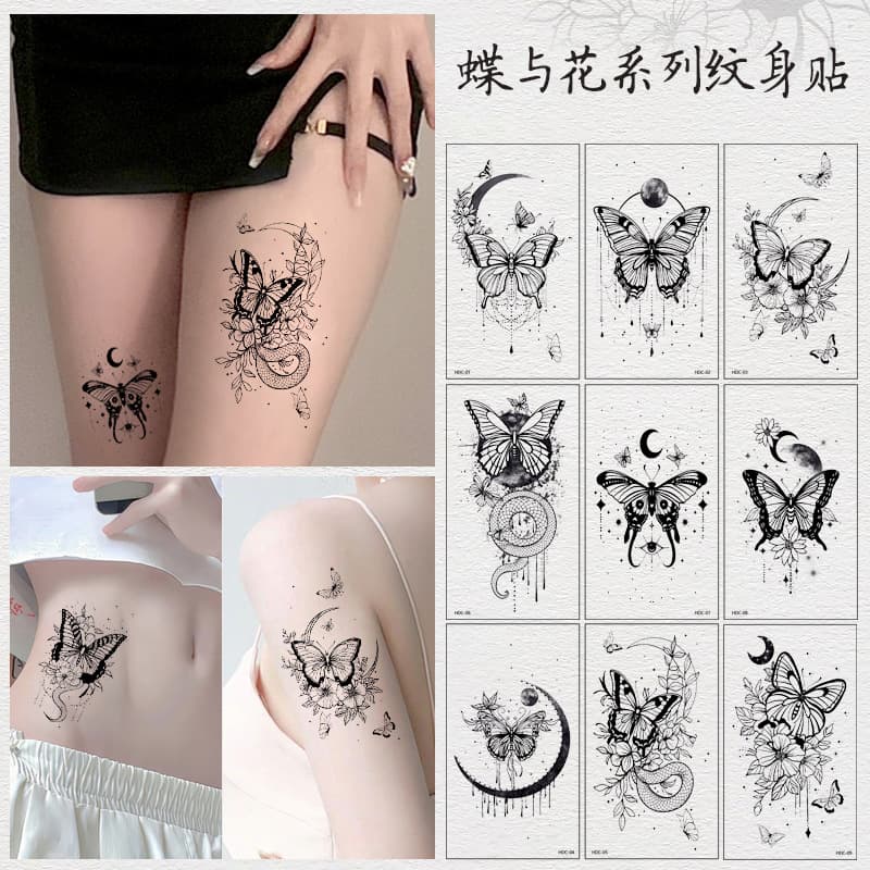 Cross-border Best Seller Black Butterfly Tattoo Sticker Premium Ins Style Sexy Women Arm Collarbone Scar Cover Temporary Tattoo