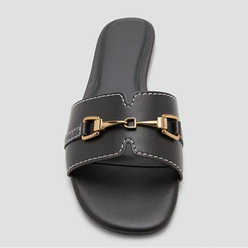 Women's Summer Slippers 2026 New Flat Casual Sandals with Metal Horsebit Buckle Beach Shoes One-Strap Slide Sandals for Women