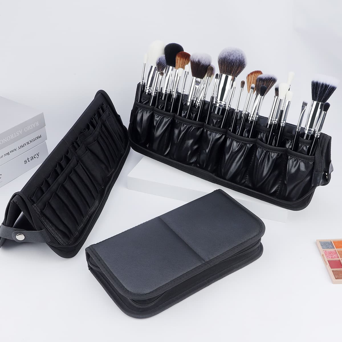 14-40 Hole Makeup Brush Bag Large Storage Bag Large Capacity Black Book Style Foldable Makeup Bag Cross-border