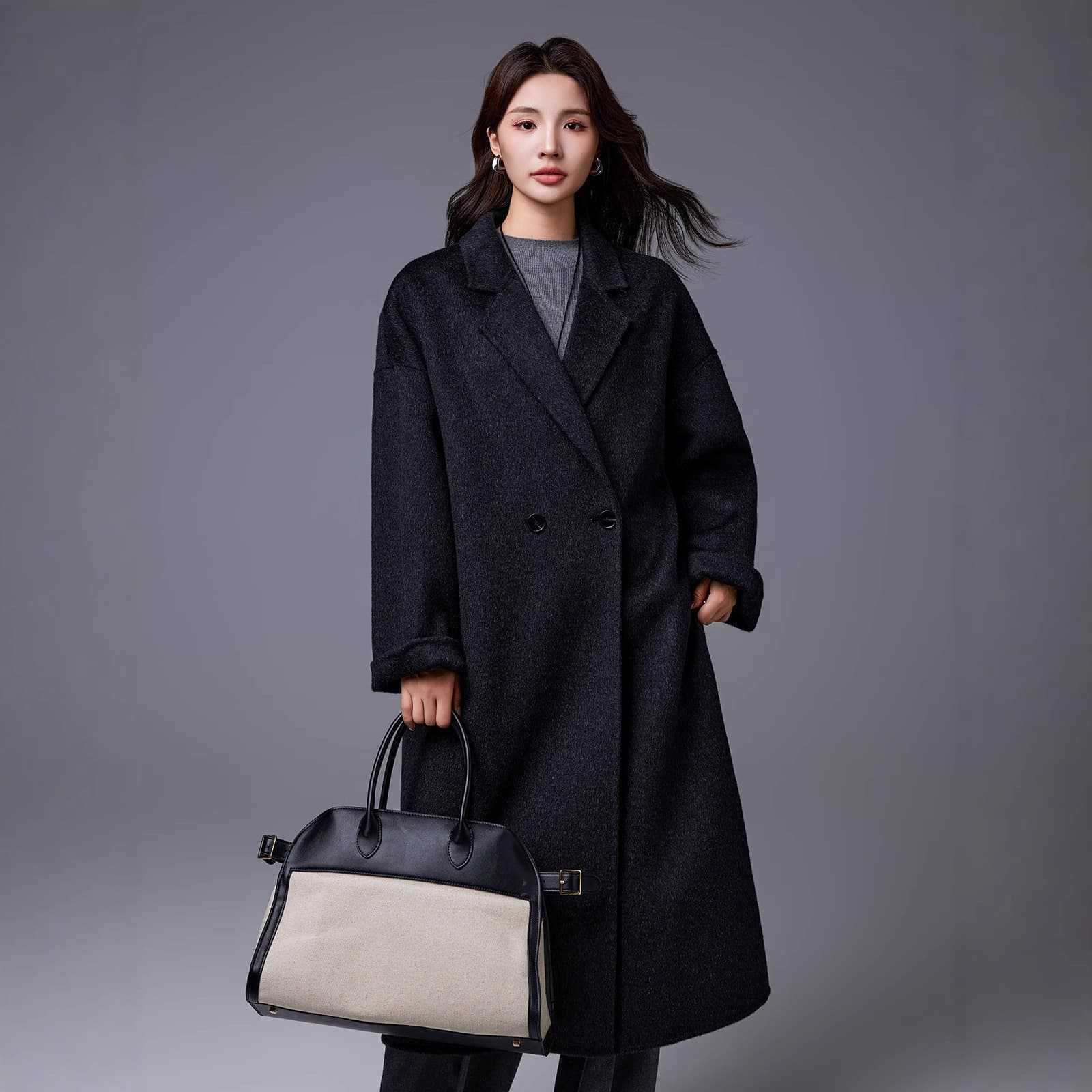 Double-sided woolen new yak wool blended double-breasted loose woolen coat extra long coat for women 26 autumn