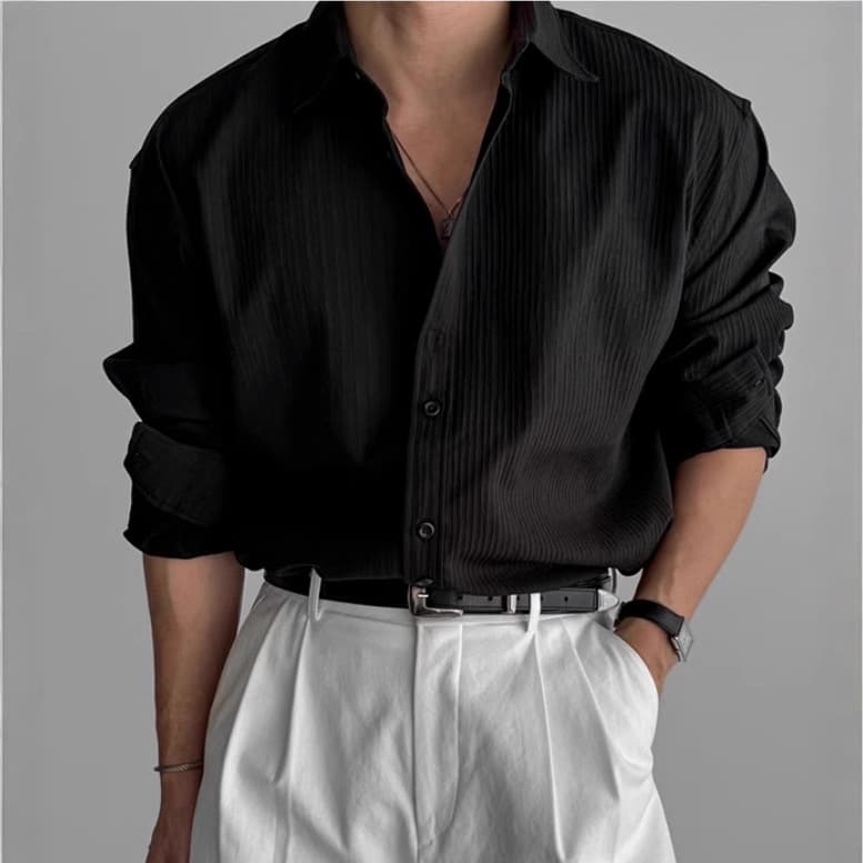 High-Quality Textured Pure Color Shirt Men's Long-Sleeved Spring and Autumn Loose Shirt Korean Niche Casual Shirt