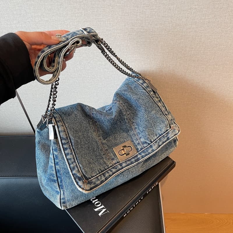 Denim bag for women cross-border lazy casual shoulder bag 2024 new large capacity retro chain tote bag for women