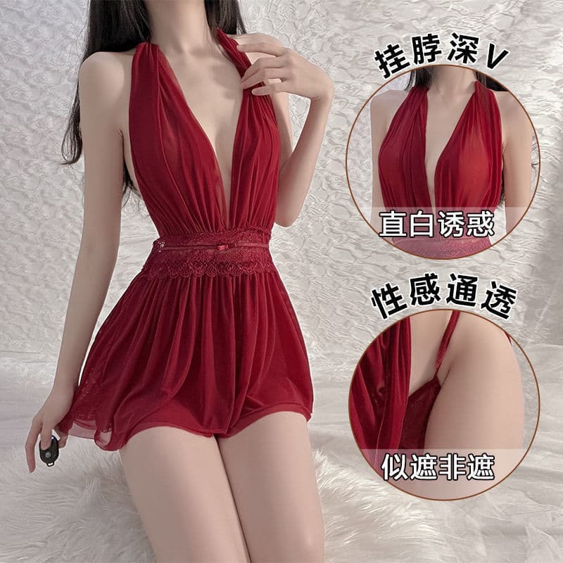 Sexy Lingerie Halter Dress European French Nightgown Evening Party Bar Uniform Mesh Backless See-through Club Dress