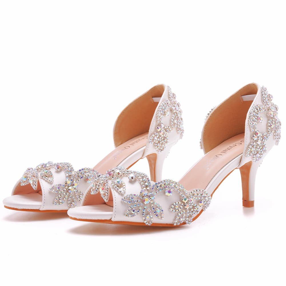 6cm Peep Toe High Heel Sandals Shallow Mouth Hollow Large Size Round Toe High Heels White Rhinestone Wedding Shoes Thin Heel Sandals