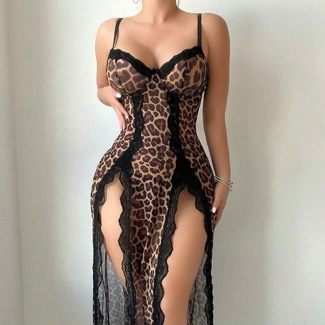 Amazon Cross-border Sexy Lingerie for Women Leopard Print Lace Long Dress Split See-through Passion Thong Two-piece Set