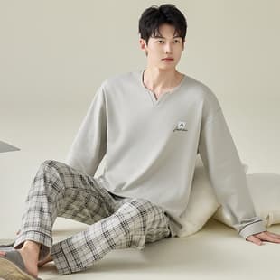 2026 Bestseller 100% Cotton Long Sleeve Long Pants Spring/Autumn Pajamas Men Korean Simple Casual Homewear Wearable Outdoors