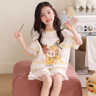 Cotton Pajamas for Girls Summer Children Short Sleeve Shorts 2026 New Style Big Girl Teenager Youth Cotton Home Wear