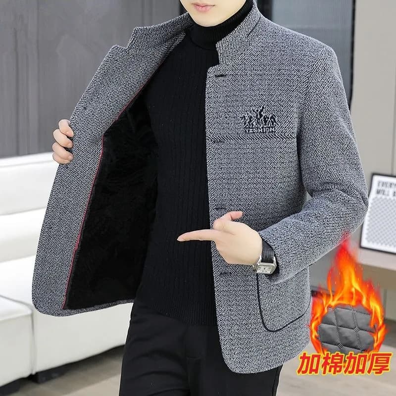 Men's Stand Collar Jacket Zhongshan Suit Fleece-Lined Wool Coat Casual Thickened Middle-Aged Dad Outfit for Autumn and Winter