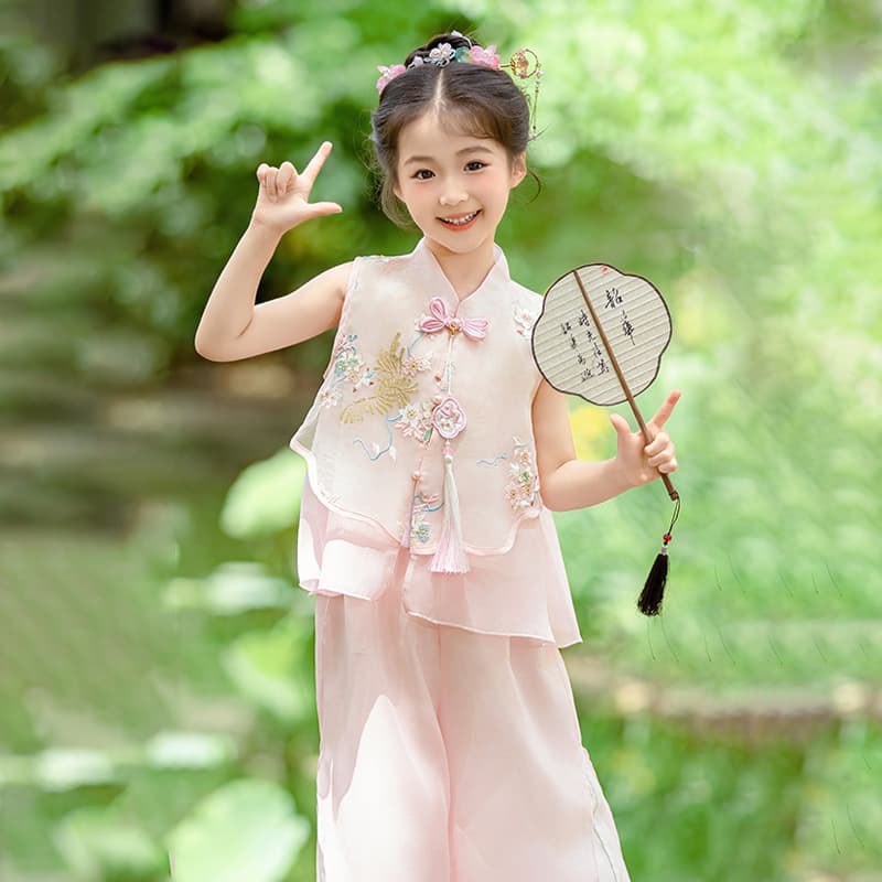Children's Summer Ancient-style Hanfu Tang Suit Ethereal Two-piece Set, Children's Day Performance Wear Improved Tang Suit Drop Shipping