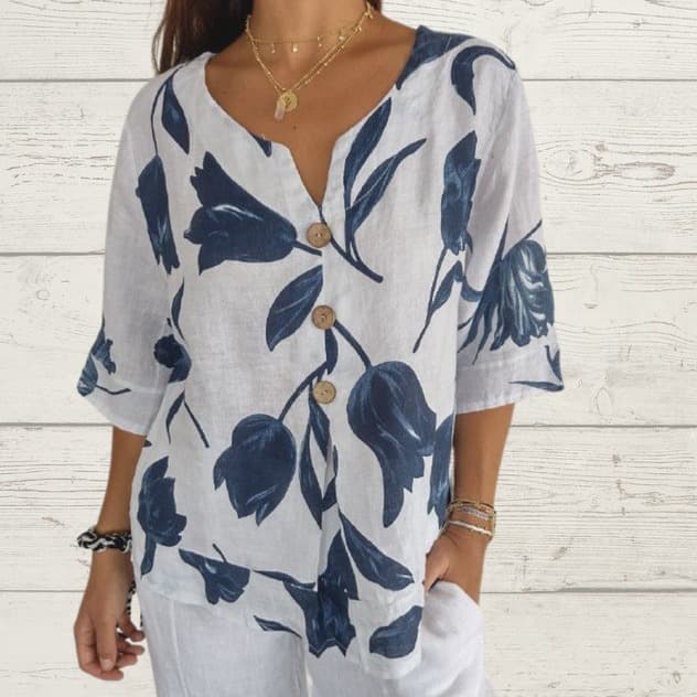 2023 Amazon AliExpress New Printed Cotton Linen V-Neck Short Sleeve Pullover Shirt