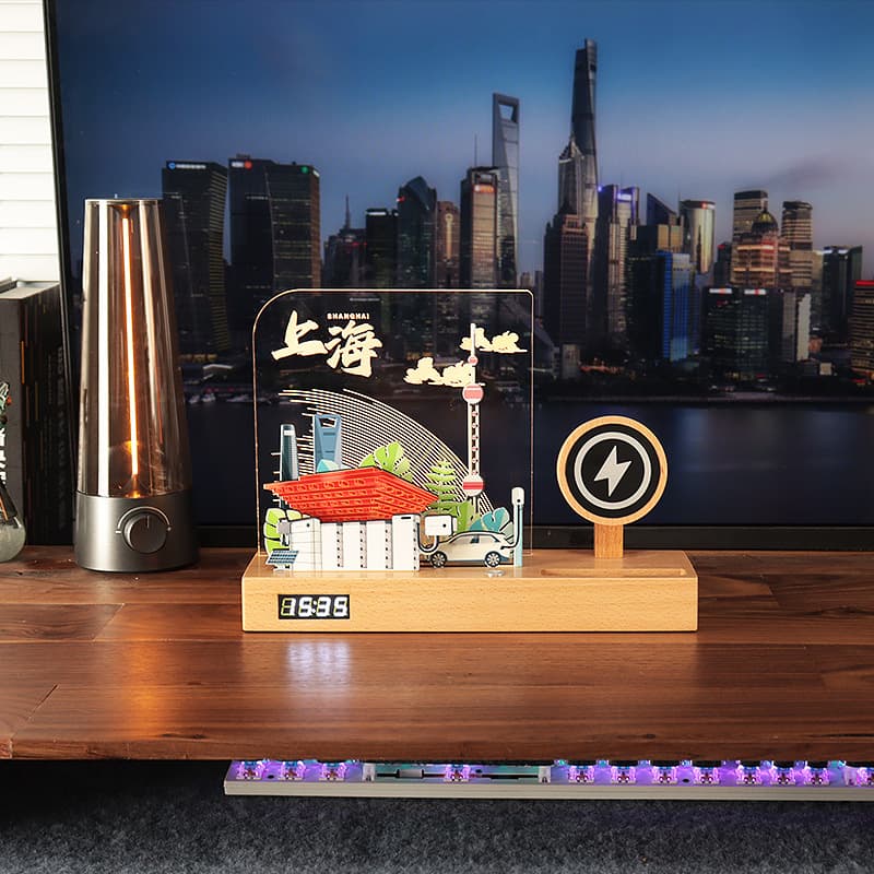 New Solid Wood Quicksand Gift Night Light with Colorful Printing, Multi-Layer Light Panel, City Landmark Building, Wireless Charging Clock, Ambient Light