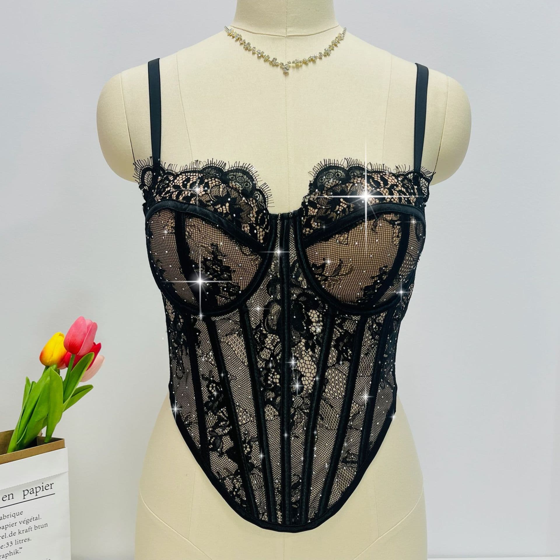 New Cross-border European and American Export Hot Girl Black Lace Rhinestone Layering Strappy Outerwear Shaping Push-up Corset