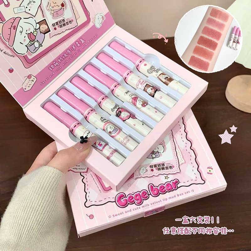 Gege Bear Sweet and Cute Milk Velvet Lip Mud Set, Velvet Matte Lip Gloss Affordable Student Makeup Set