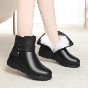 2024 Winter Women's Martin Boots Soft Leather Flat Warm British Style Fleece-Lined Ankle Boots Anti-Slip Mother Boots