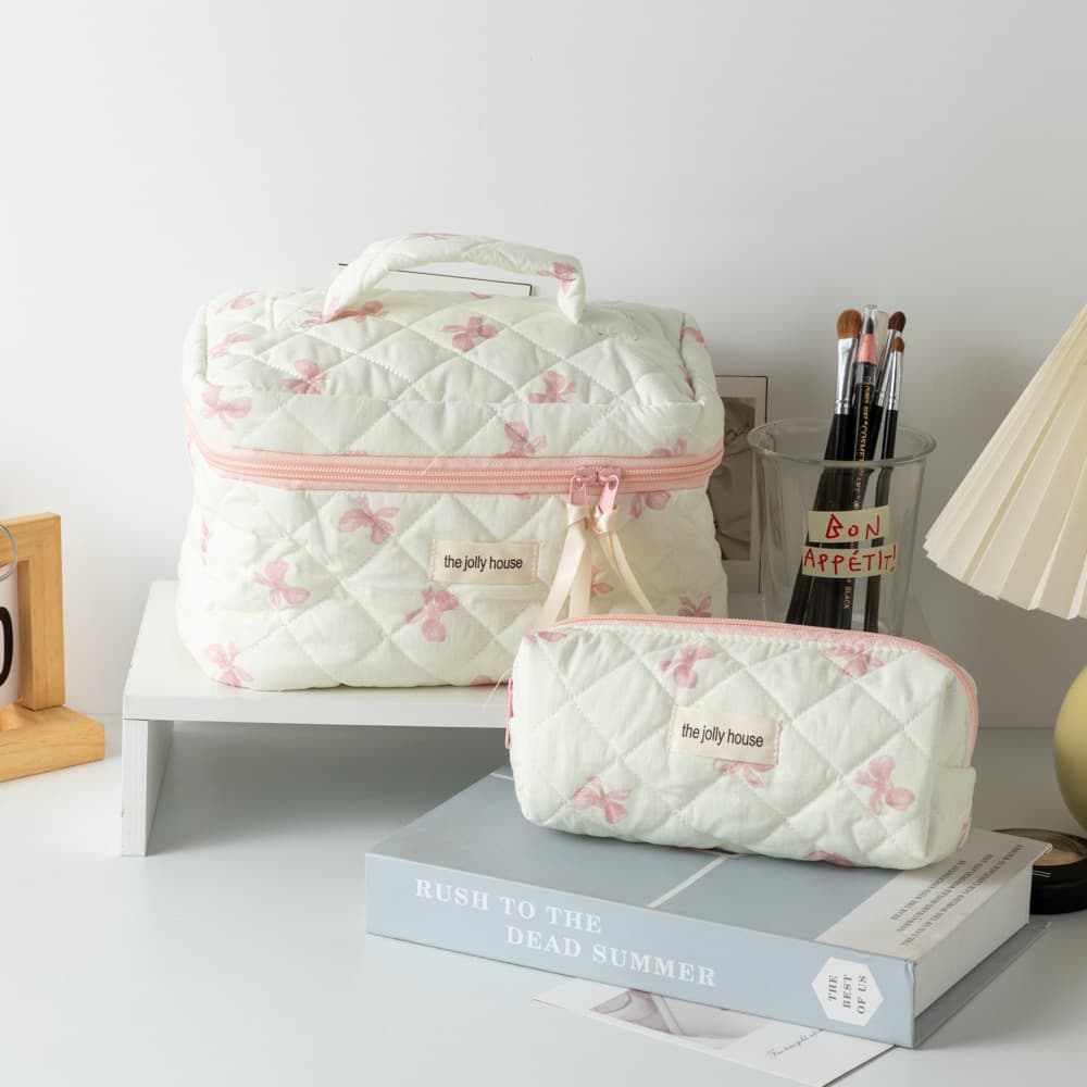 Quilted white bottom bow cosmetic bag, small fresh and cute student portable storage bag, large capacity toiletry bag