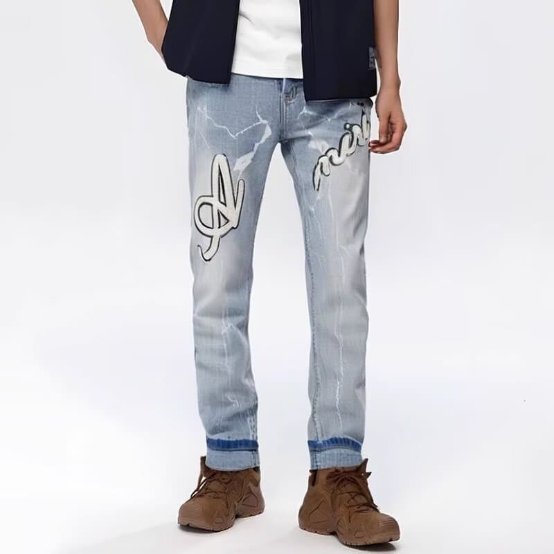 New Style Blue Ripped Patchwork Embroidered Slim Fit Stretch High Street Mid-Waist Men's Jeans for Cross-Border Trade