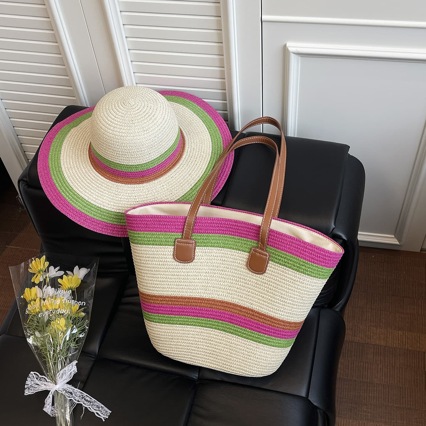 Single-Shoulder Straw Woven Bag, Large Capacity, Versatile Fashion Bag, Straw Hat, Women's Vacation Beach Bag, Vacation Style