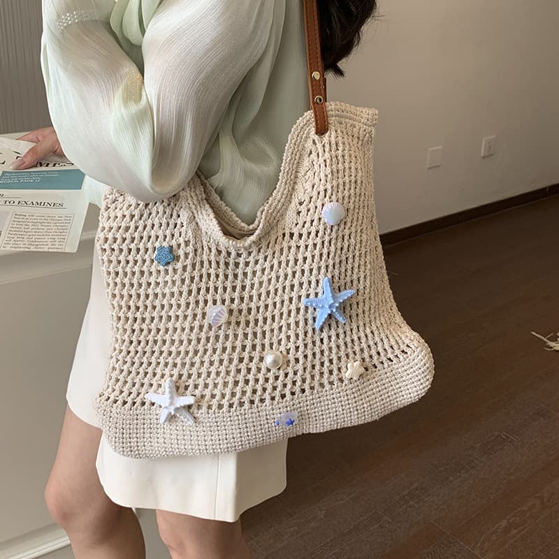 Beach Vacation Boho Lace Woven Women's Shoulder Bag Star Lady Style Large Capacity Handbag Women's Bag