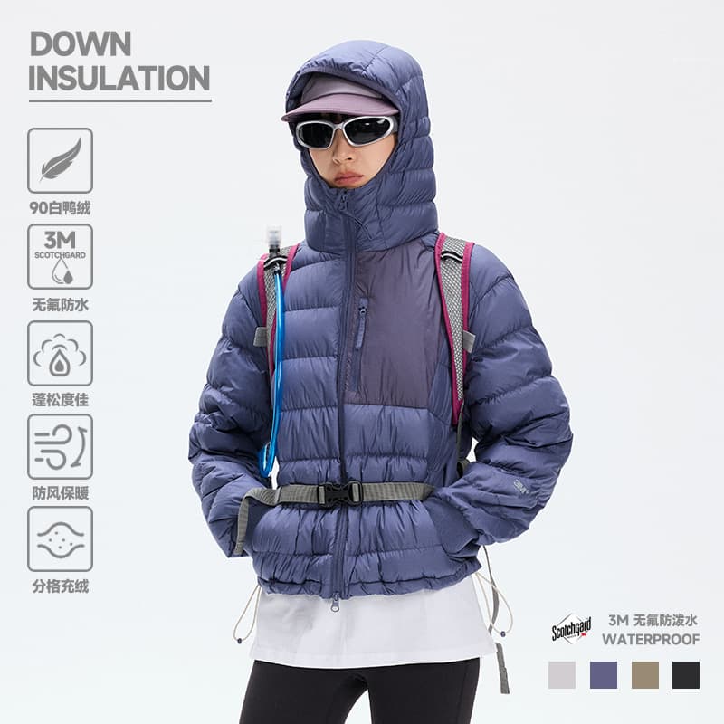 3M Outdoor Lightweight Down Jacket Winter Retro Mountain Style Water-Repellent Color-Block Hooded Hiking Down Coat
