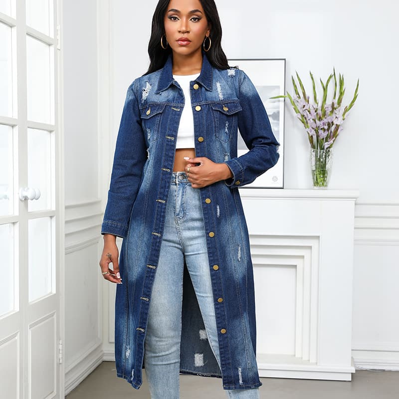 Actual Photo AliExpress Amazon Cross-Border Supply Long Ripped Denim Jacket Women's Denim Trench Coat