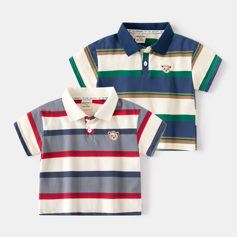 Korean Style Wide Shoulder Short Sleeve T-Shirt 2026 New Summer Boys Striped Polo Shirt Baby Embroidered Short Sleeve Top Trendy