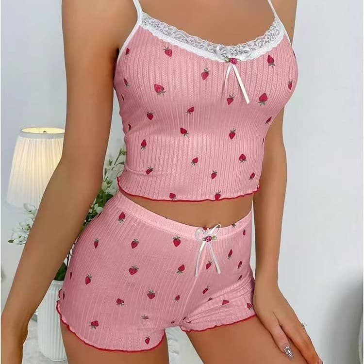 Cross-border Europe and America Set Women's Homewear Fashion Sexy Pajamas Ribbed Stripe Heart Print Sleepwear for Women
