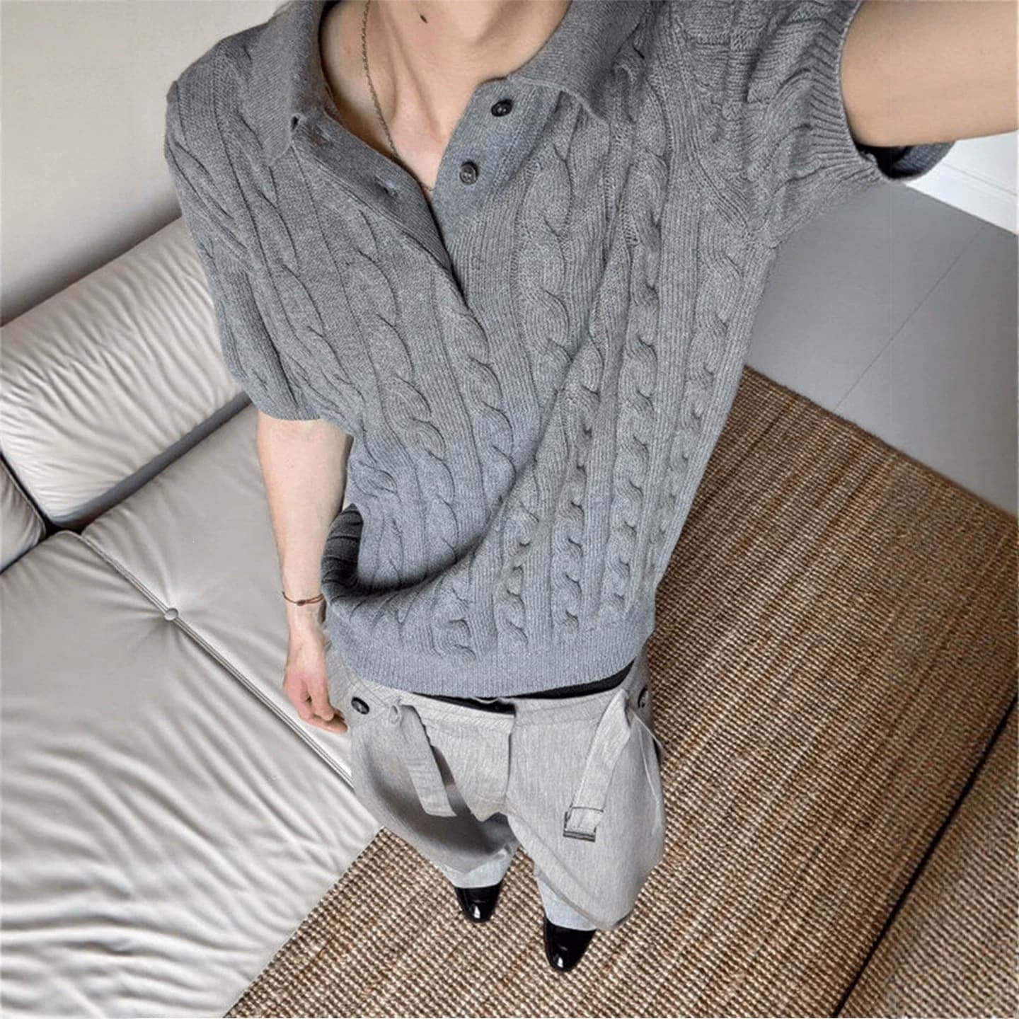 American Retro Cable Knit Polo Shirt Short Sleeve Men's Summer Old Money Style Regular Shoulder T-Shirt Cleanfit Half Sleeve
