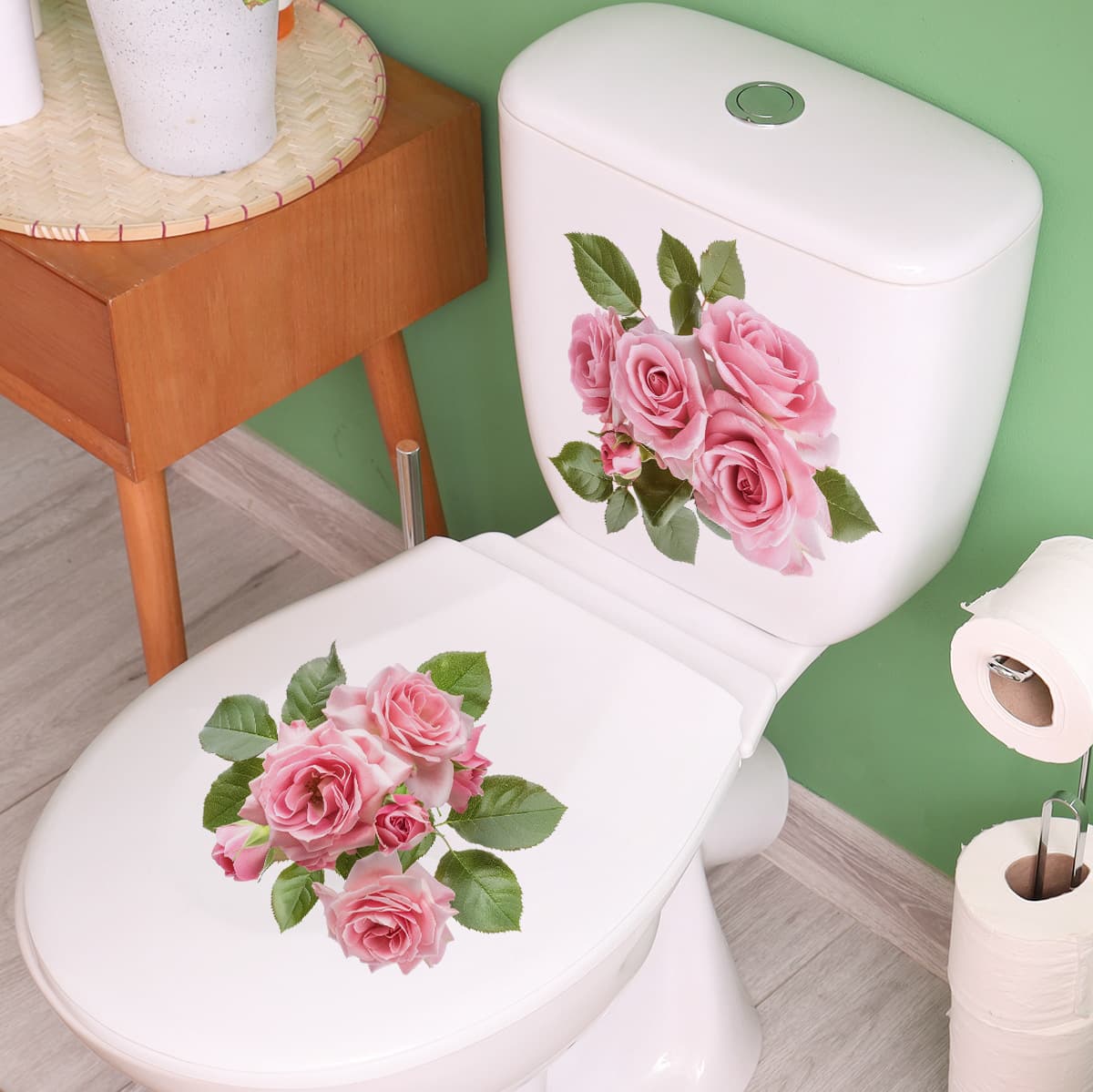 ACC33508AB Fresh Pink Rose Toilet Decal Sticker, Self-Adhesive, No Residue, Waterproof Bathroom Wall Decoration