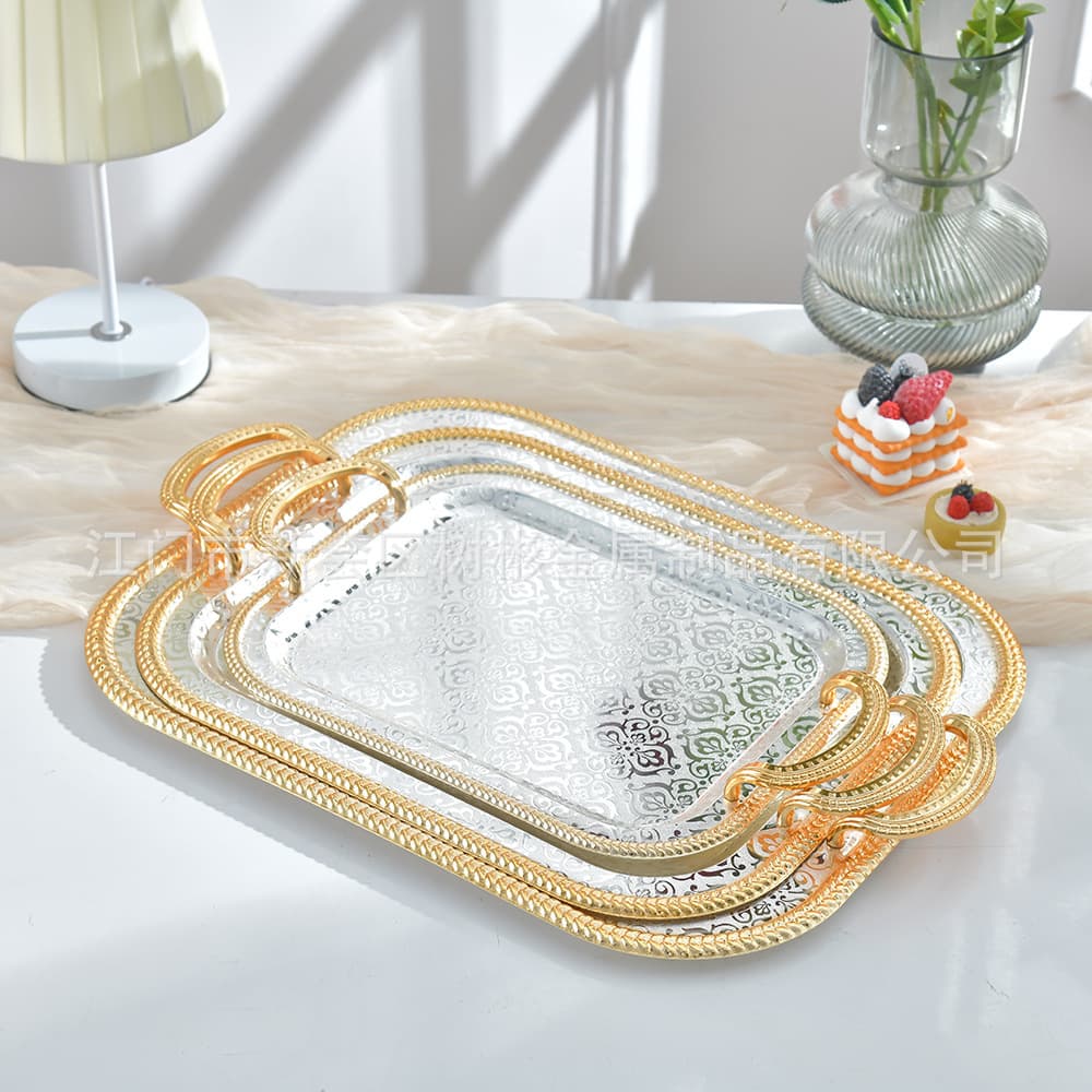 European Simple Stainless Steel Tray with Silver Edge, Desktop Snack Fruit Plate, Rectangular Storage Tray
