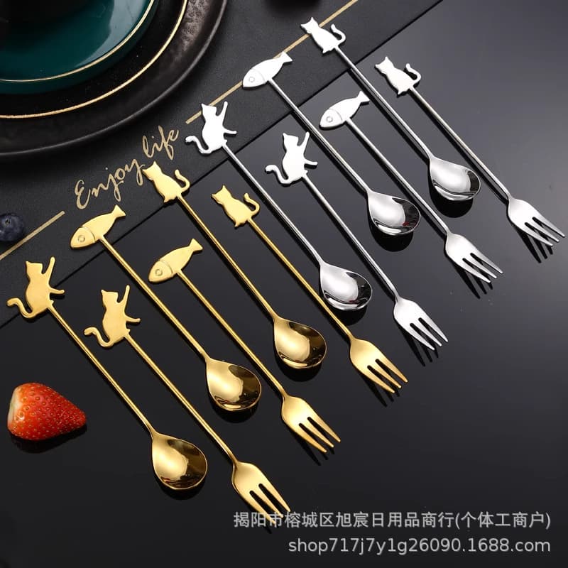High Aesthetics 304 Stainless Steel Coffee Spoon Creative Fish Cat Spoon Viral Sweet Stirring Spoon Cartoon Small Spoon