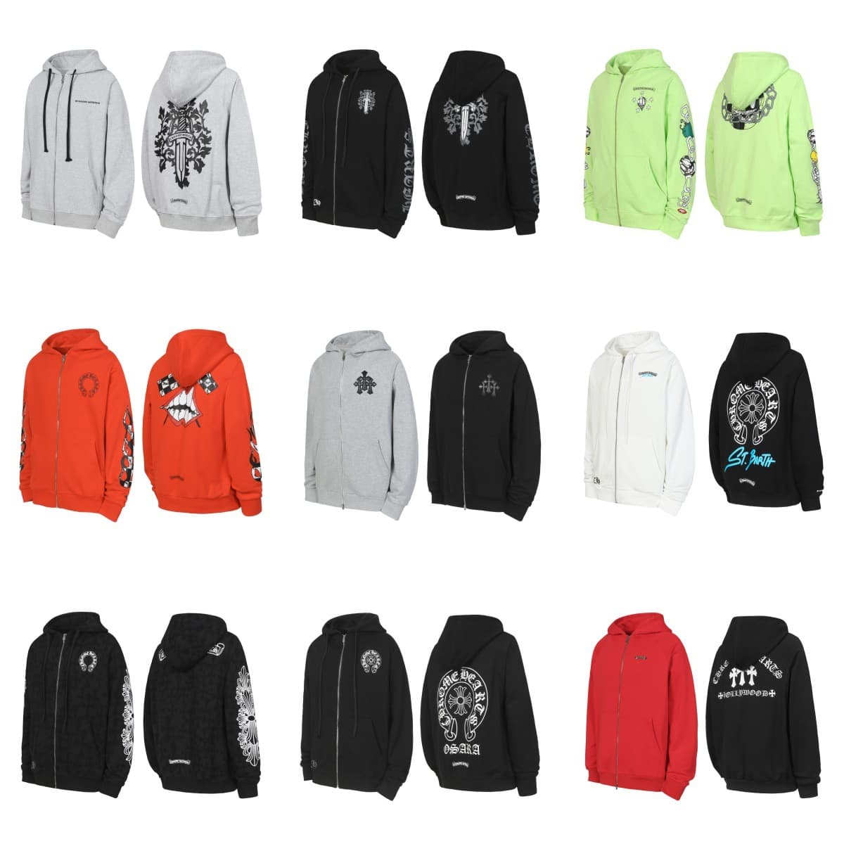 Correct Version CH Cross Horseshoe Sanskrit Flower Arm Letter Print Long Sleeve Zip-Up Hooded Cardigan Coat