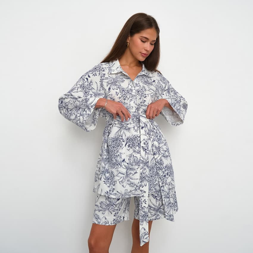 2026 EU-US Cross-Border Four-Way Stretch Printed Cardigan Long-Sleeve Pajama Set Loose Long-Sleeve Shorts Women's Homewear