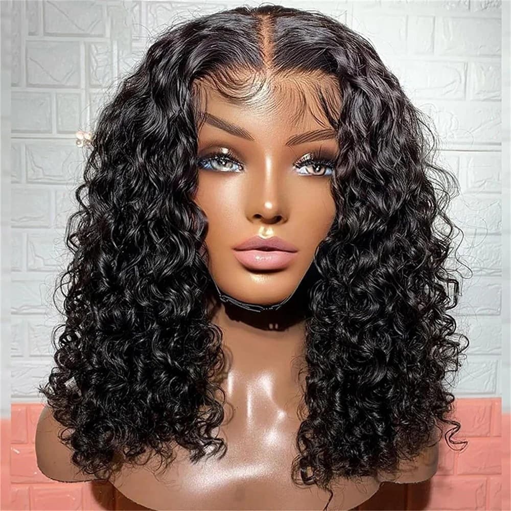 Hand-Woven Black Short Curly Wig for Women 13x4 Front Lace Middle Parted Short Curly Wig African Black Small Curly Wig