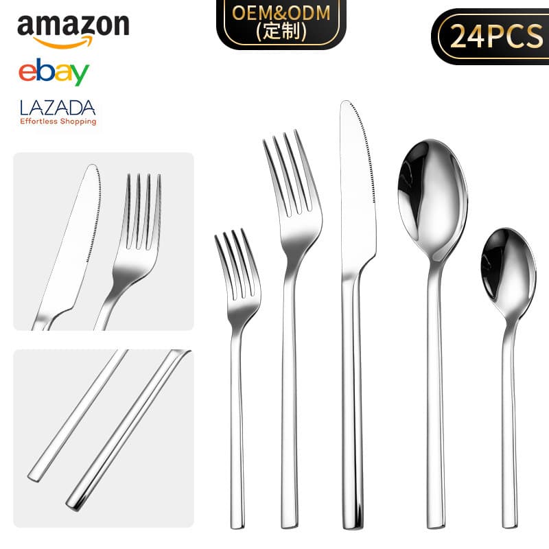 Creative Scene Customizable Square Handle 430 Stainless Steel Cutlery, Hot-Selling Western Utensil Knife Fork Spoon Set, Practical