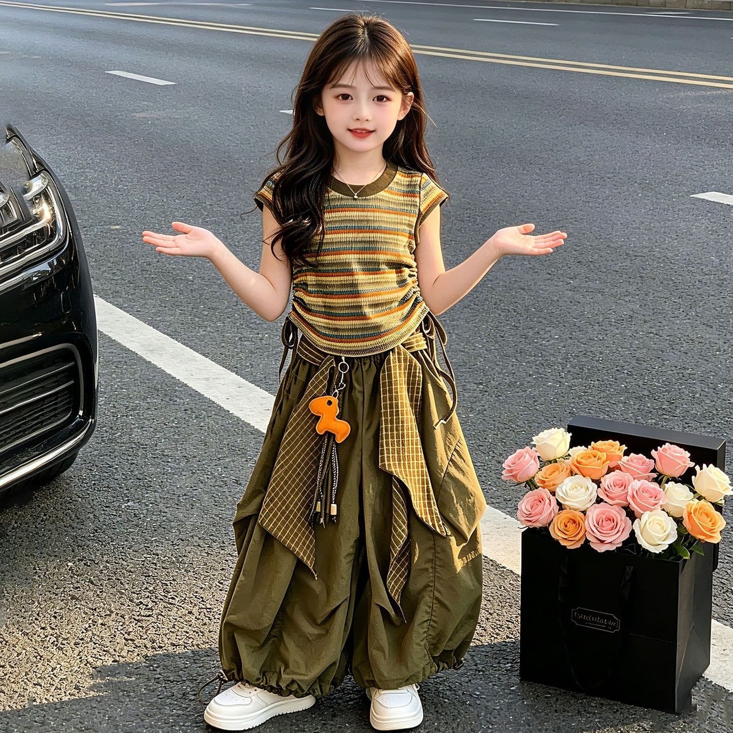 Girls striped short-sleeved overalls suit summer 2026 new short T-shirt quick-drying summer thin two-piece set