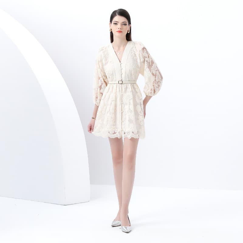 Cross-border Trade 2025 Court Style V-Neck Lantern Sleeve Single-Breasted Retro Embroidered Short Mini Dress