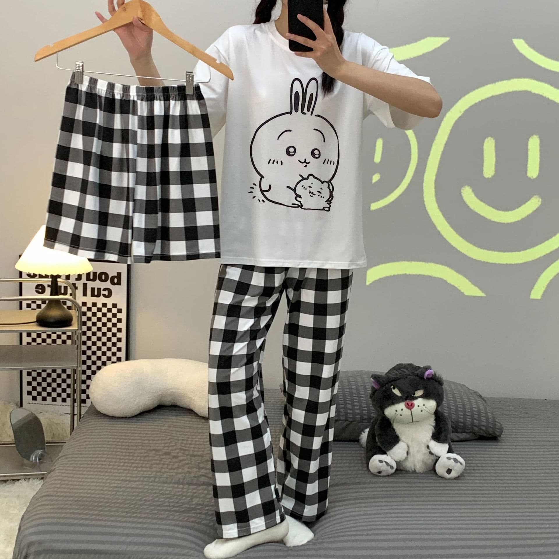 Women's Spring/Autumn Pajama Set New Cartoon Short Sleeve Long Pants Shorts Wearable Outdoors Homewear Three-Piece Set